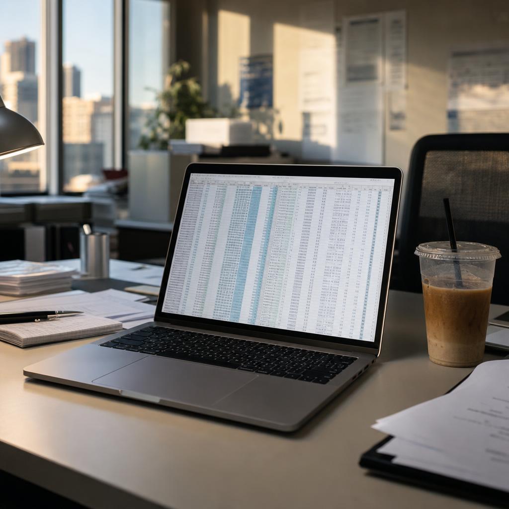 A laptop showing a dense, messy grid of raw government data columns beside a cold cup of coffee — the free file, opened.
