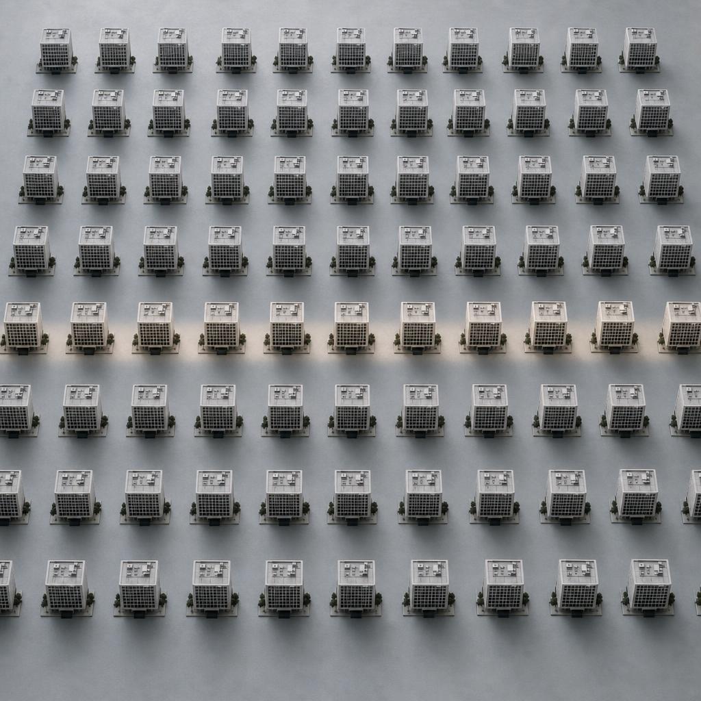 An overhead grid of small identical office-building models on a gray surface — a large but countable population of firms.