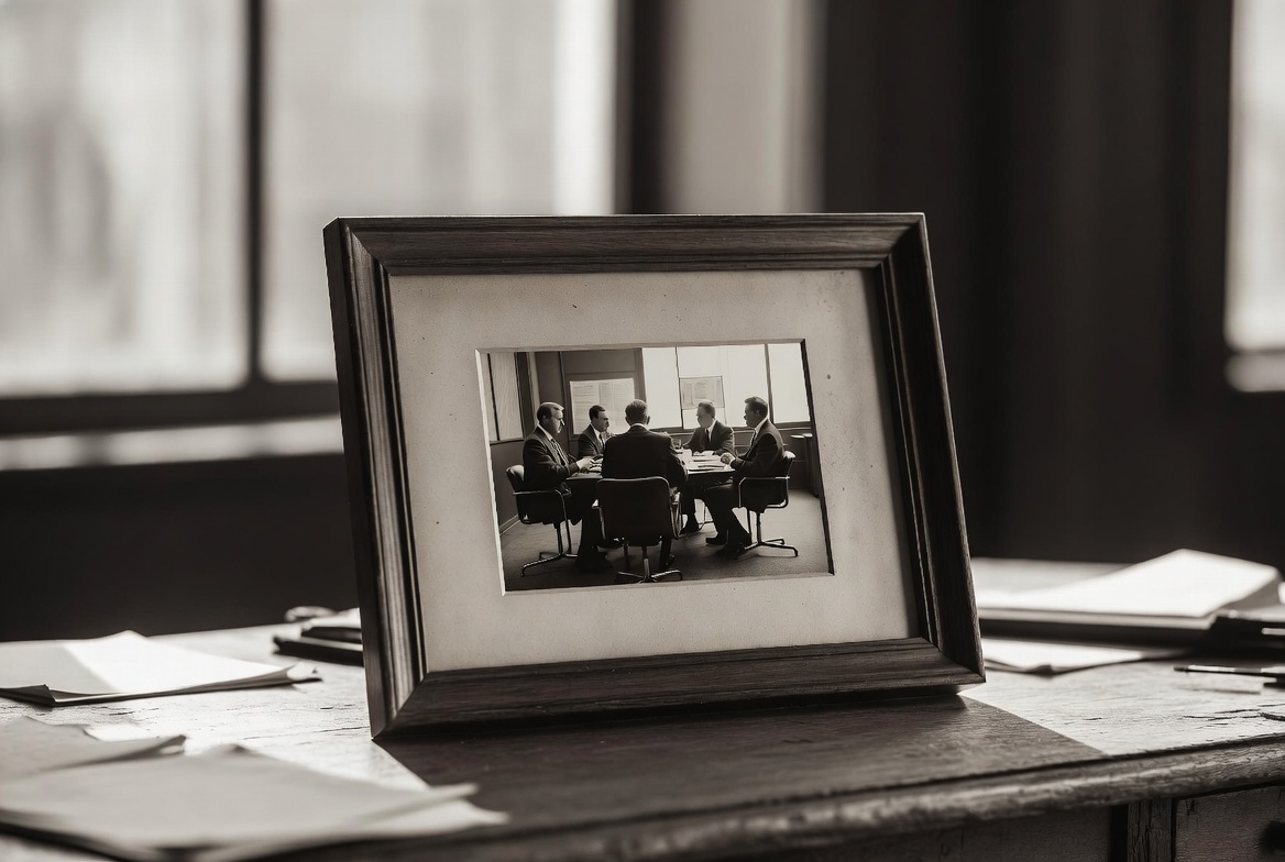 A framed vintage photograph of a business meeting, sitting on a desk — a still picture of a market that kept moving.