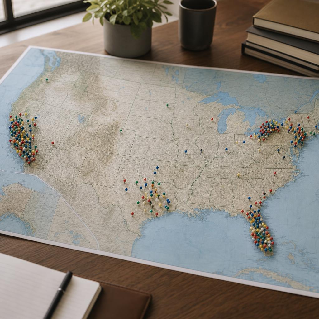 A paper map of the United States on a desk with colored pins clustered on the coasts — where the mid-sized advisers actually sit.