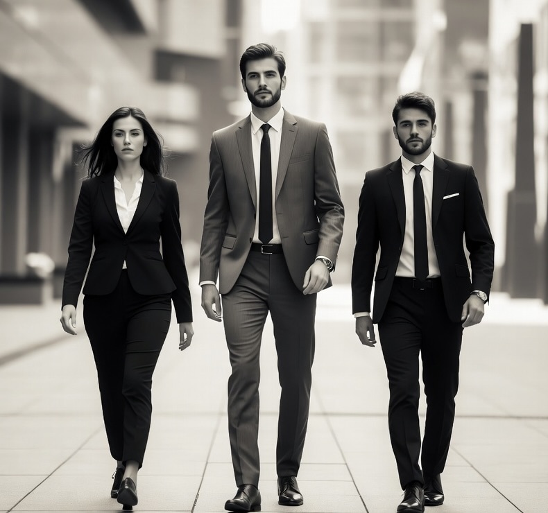 Three young professionals in dark suits striding down a city sidewalk — the fast crowd, mid-decision and moving.